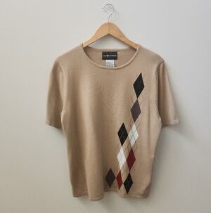 Sag Harbor Argyle Knit Short Sleeve Top Medium Neutral Preppy Mallcore